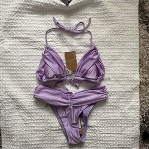 Ruched Lilac Triangle Bikini Set with Adjustable Ties S 67